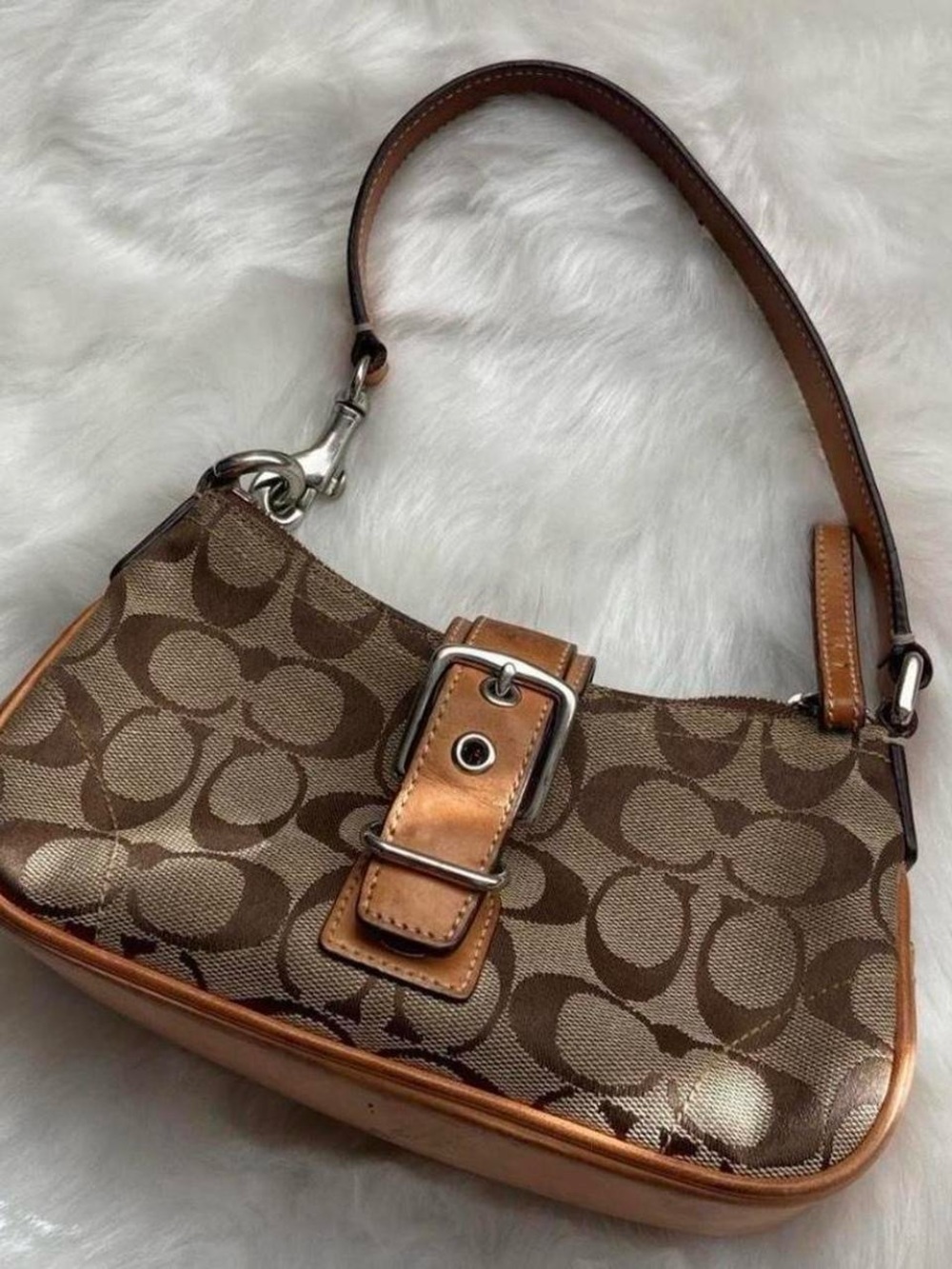 Coach Brown Signature Canvas Shoulder Bag with Leather Trim